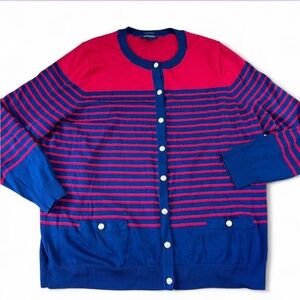 Lands' End nautical coastal red blue striped cardigan  gold buttons plus size 1X